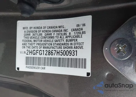 2007 Honda Civic Ex z USA, uszkodzony, nr VIN 2HGFG12867H500931